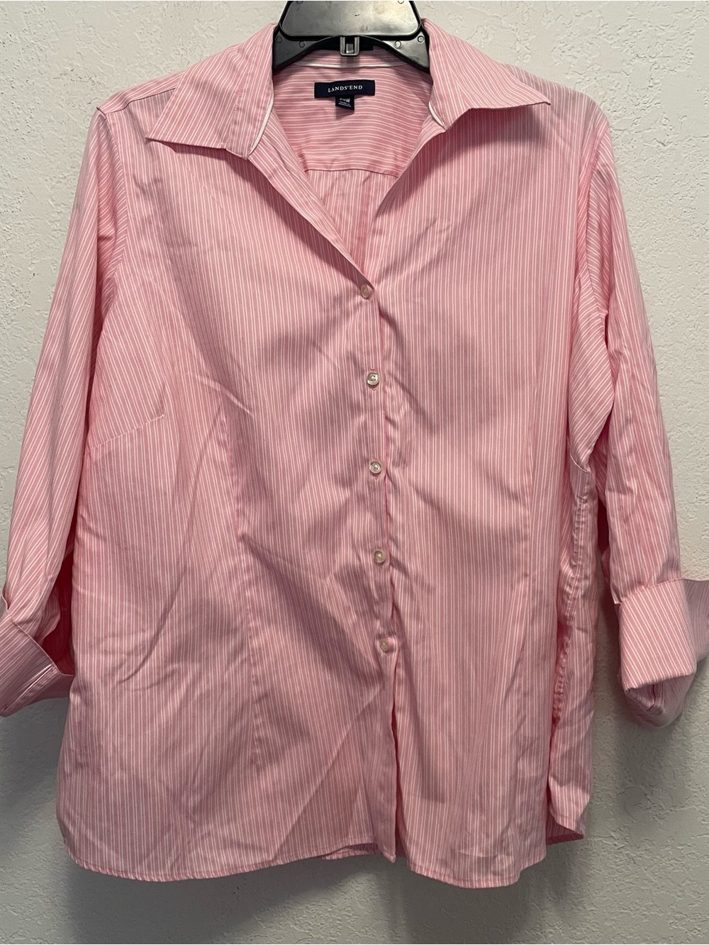 Lands' End 20W Women's No Iron Shirt Pink and White Stripe 3/4 Sleeves
